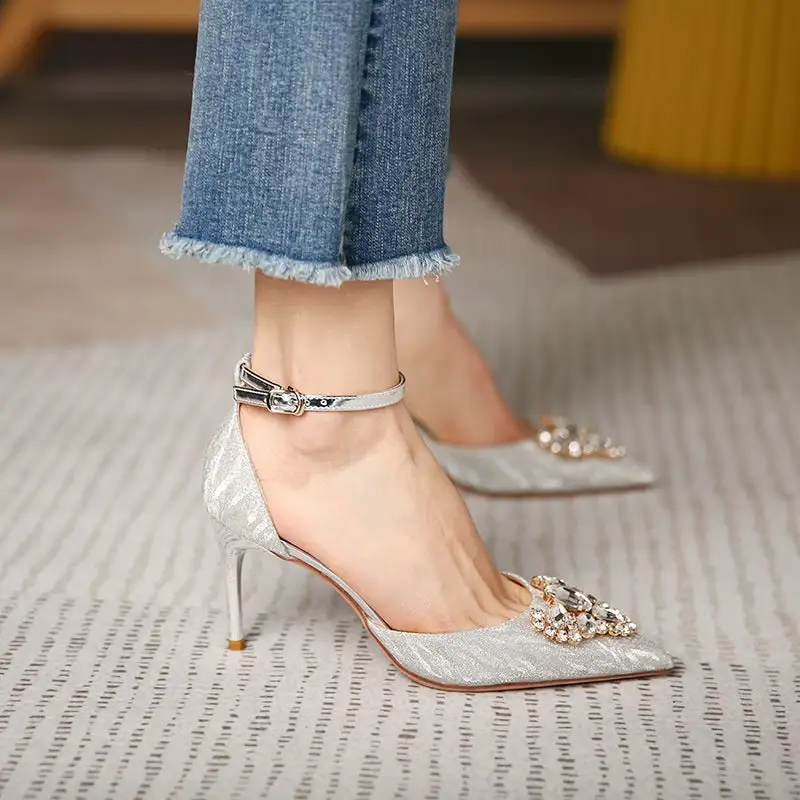 Pointed Toe Stiletto Heel Rhinestone Floral Detail Shoes