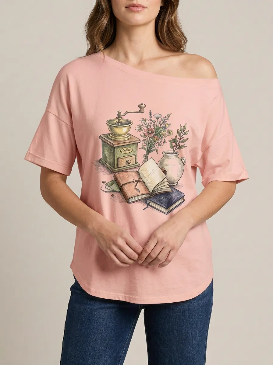 Women's Coffee Book Flower Graphic Off-Shoulder T-Shirt