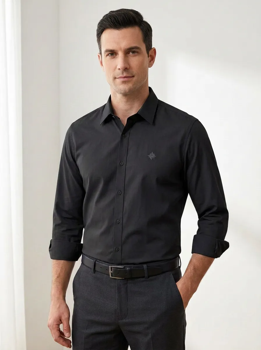 Men's Non-Iron Cotton Compass Embroidered Button-Down Shirt