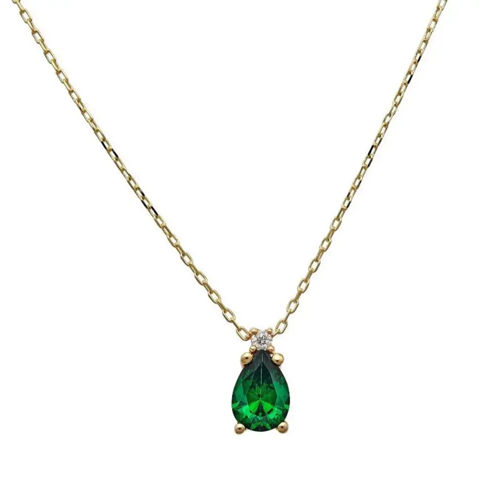 Dainty Diamond and Pear Shape Emerald Solitaire Necklace