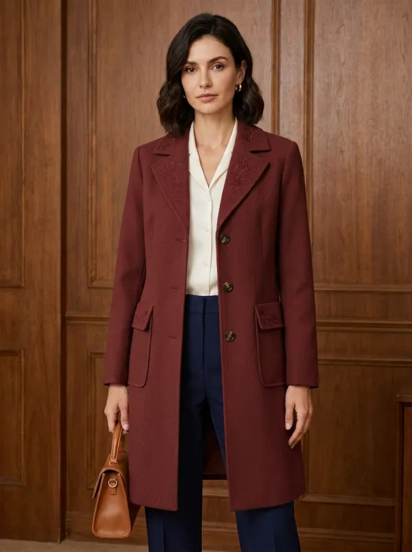 Women's Brown Floral Embroidered Lapel Coat