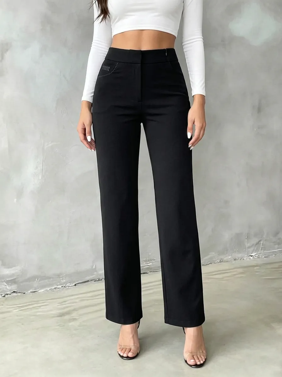 Women's Classic Comfort Rhinestone Pocket Mid Rise Straight Leg Pants