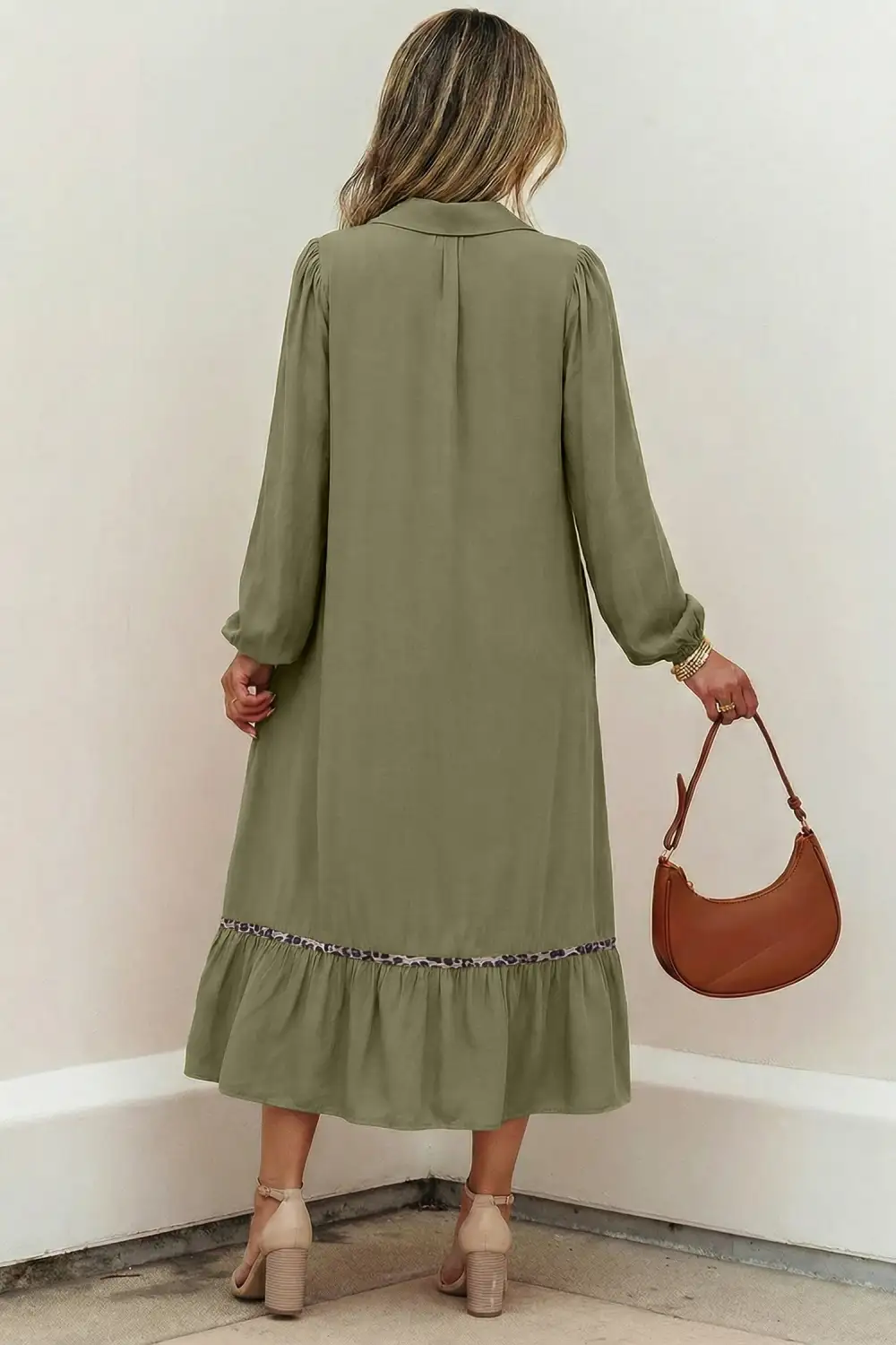 Collared V Neck Smocked Detail Contrast Leopard Trim Bracelet Sleeve Long Dress