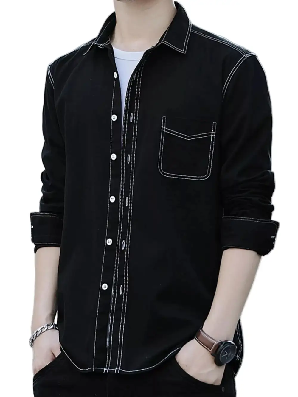 Contrast Stitching Button Up Long Sleeve Shirt