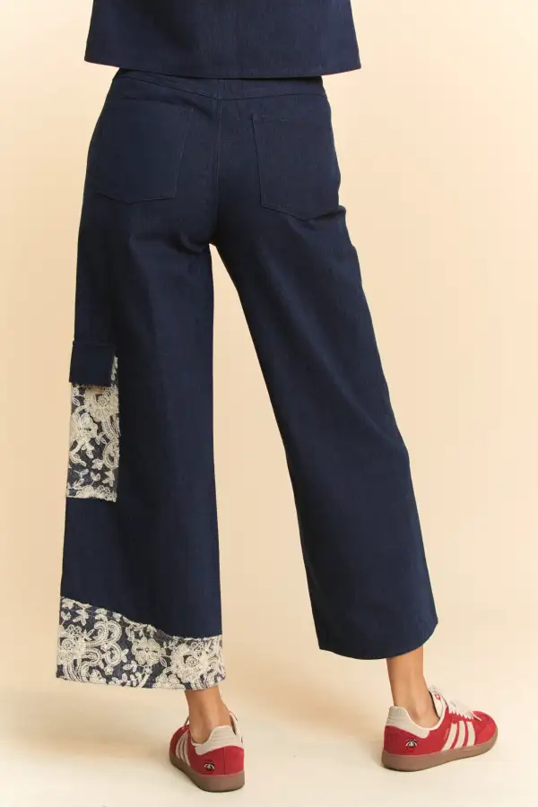 Lace Applique Wide Leg Detail Denim Jeans