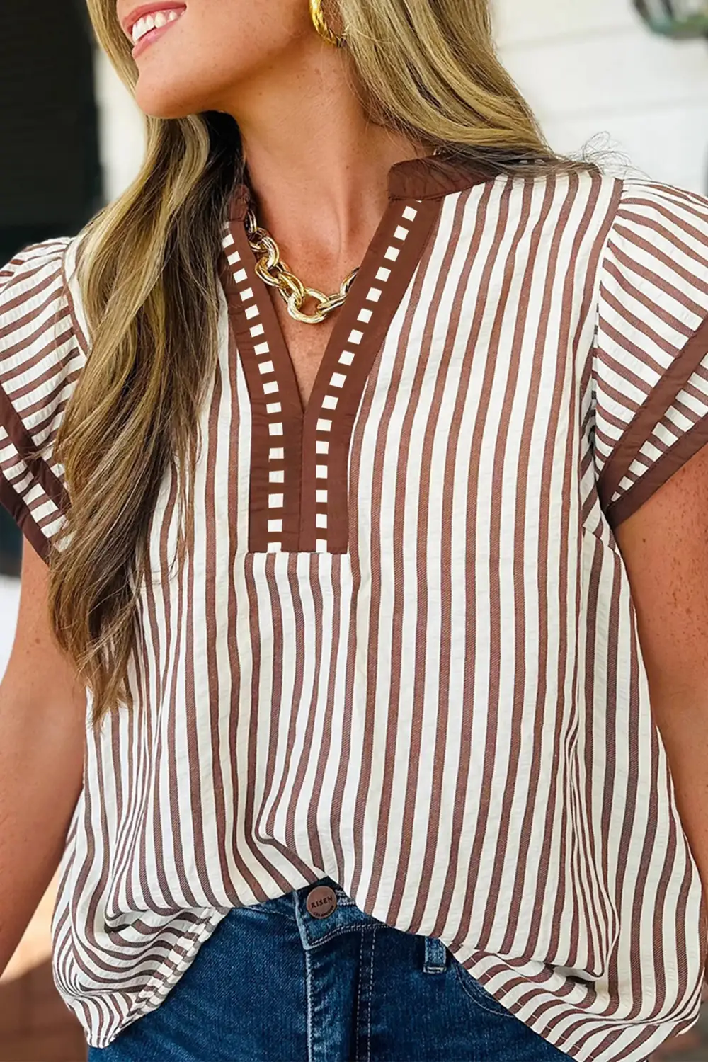 Khaki Stripe Double Ruffled Short Sleeve V Neck Blouse