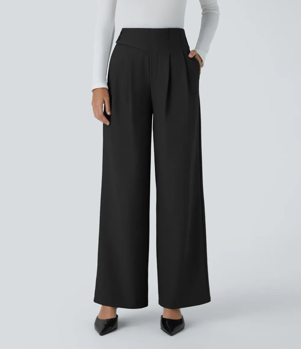  High Waisted Decorative Button Plicated Side Pocket Straight Leg Twill Work Pants