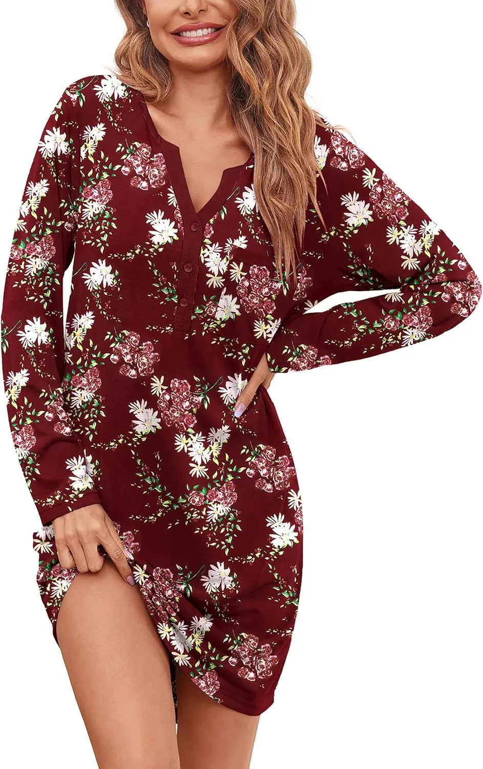 Ekouaer Women's Nightgowns Long Sleeve Button Down V Neck Pajama Dress