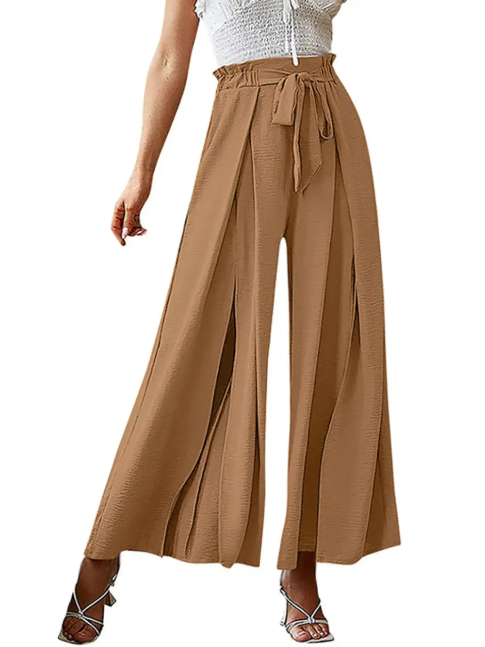Wide Leg Tie Waist Slit Detail Casual Pants