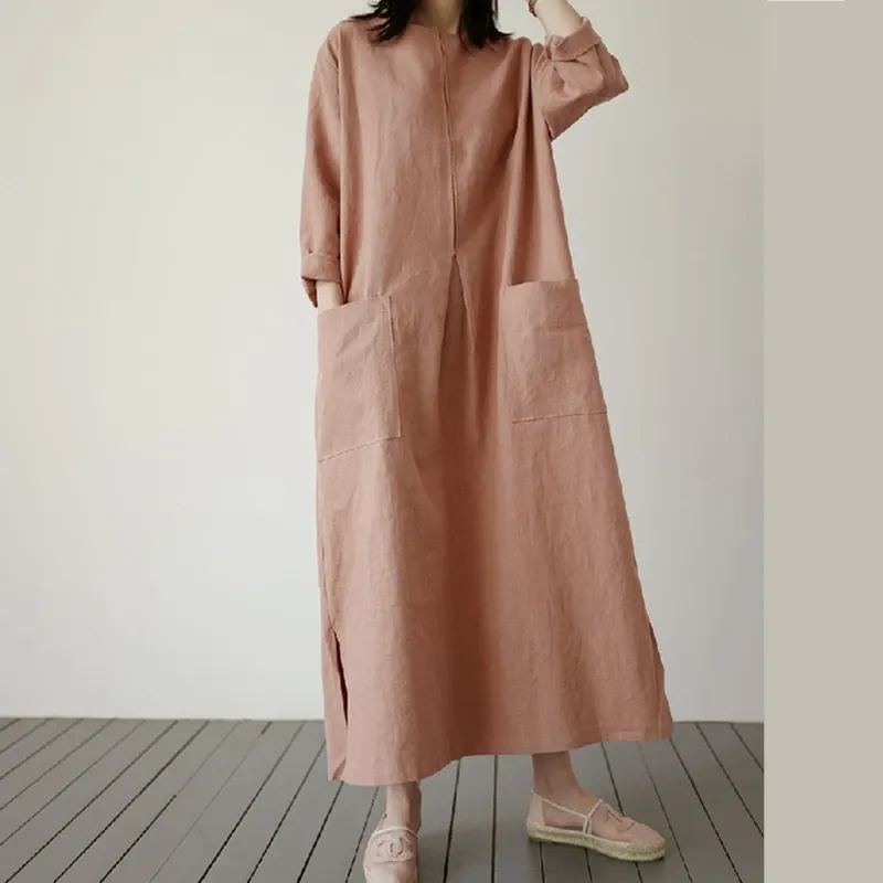 Linen Blend Cotton Blend Maxi Button Detail Dress