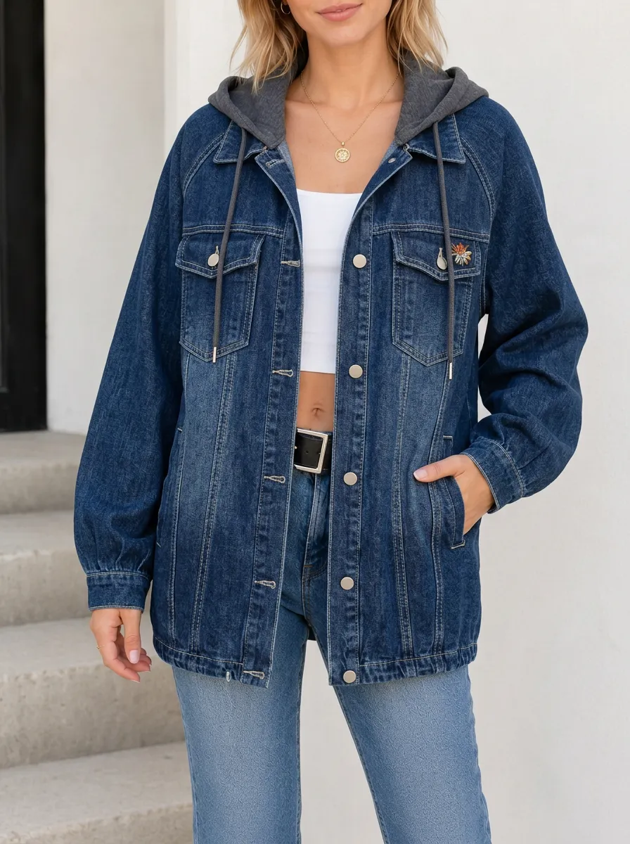 Women's Casual Fashion Floral Embroidery Hooded Denim Jacket