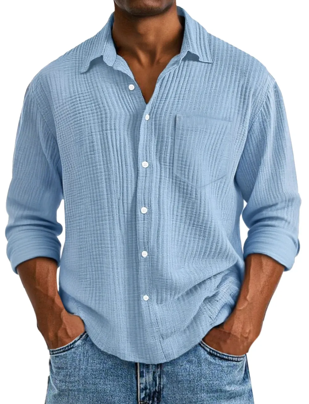 Long Sleeve Open Collar Pleated Front Shirt