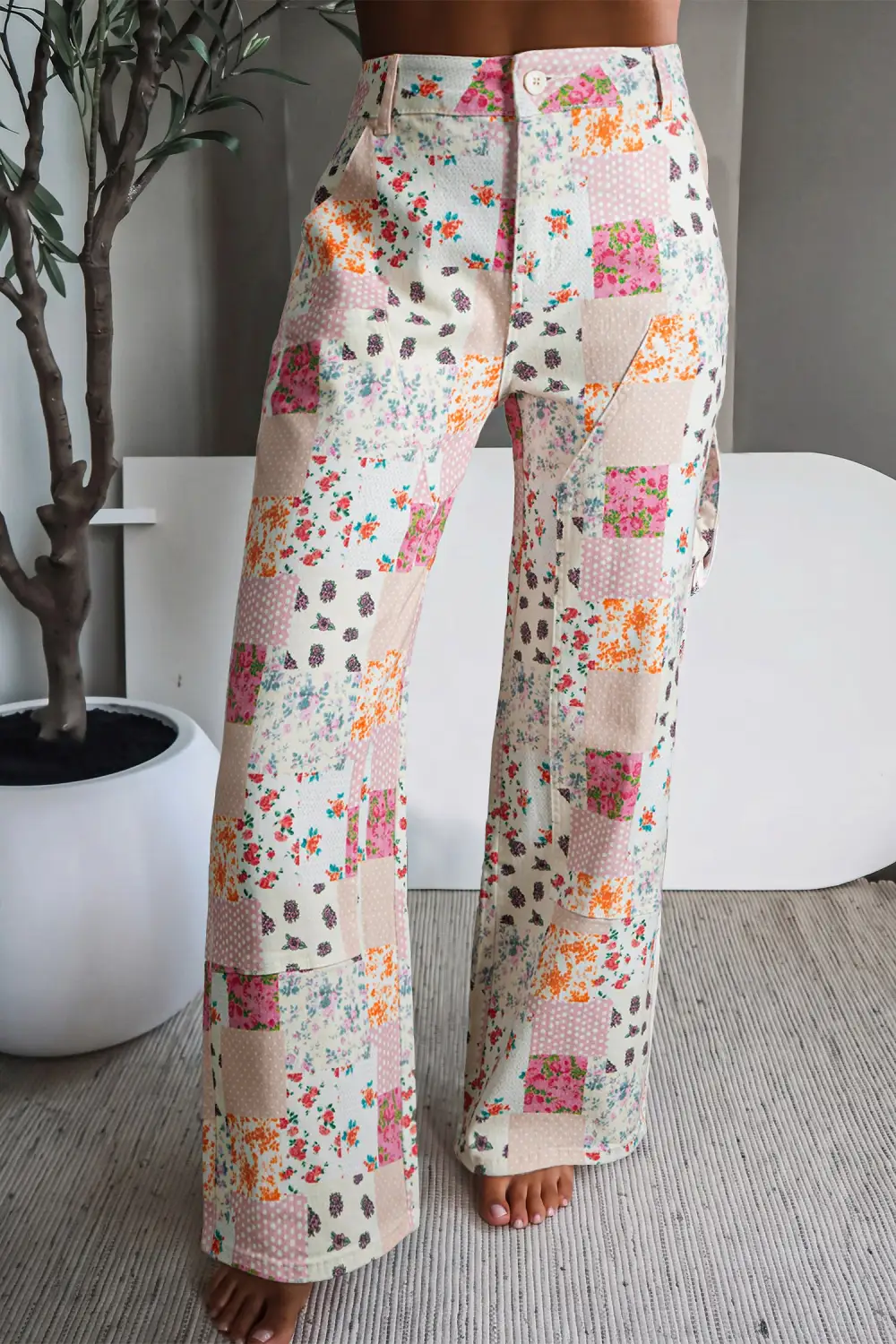 Women's Floral Patchwork Wide Leg Full Length Jeans