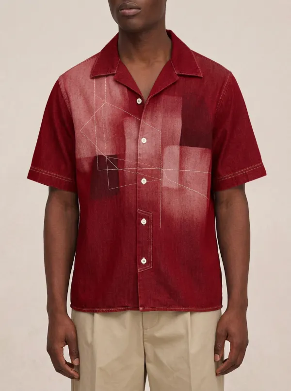 Men's Geometric Patchwork Abstract Short Sleeve Denim Shirt