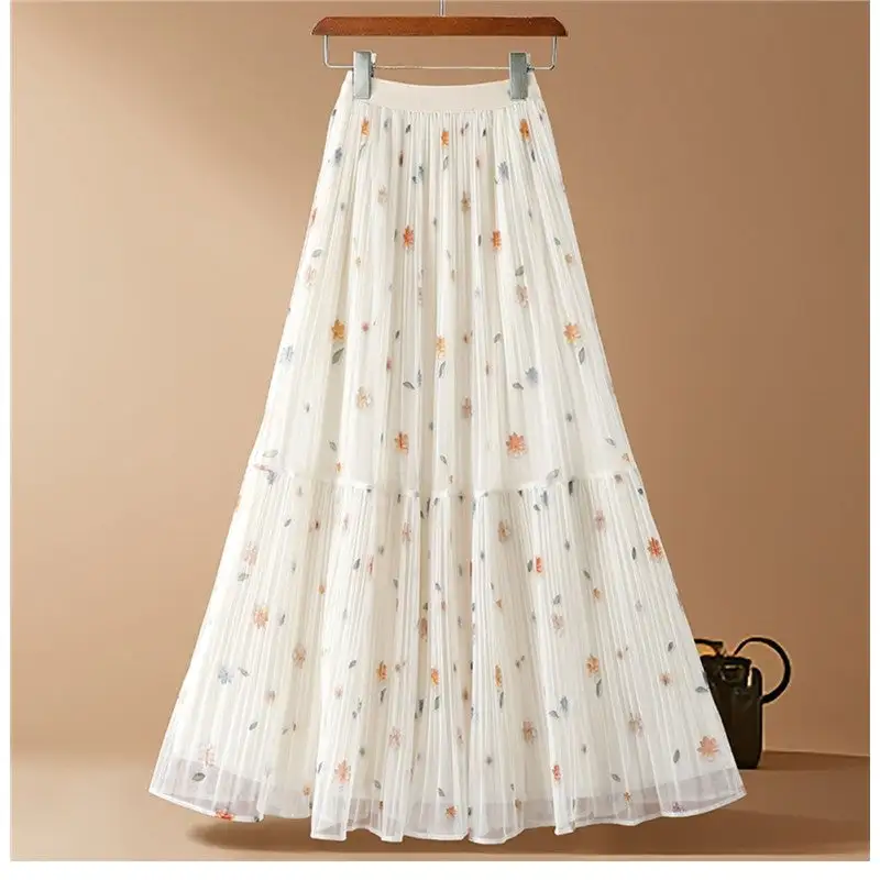 Minimal Mesh Floral Patchwork A-Line Midi Skirt
