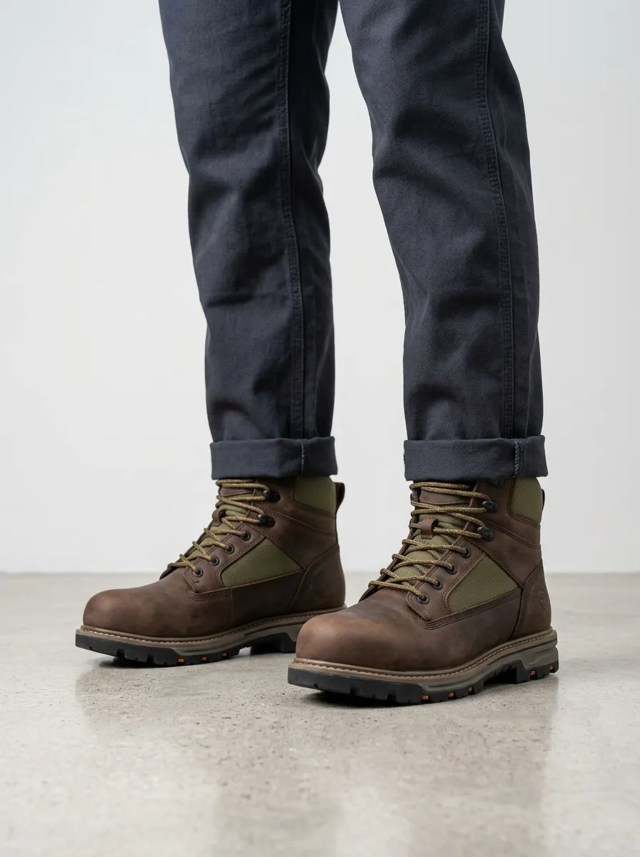 Unisex Waterproof Brown Leather Olive Canvas Tactical Work Boots