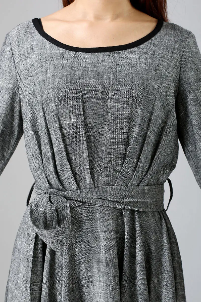 Classic Linen A Line Pleated Long Sleeve Maxi Dress