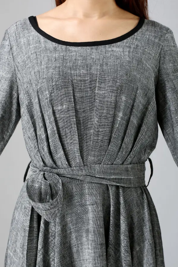 Classic Linen A Line Pleated Long Sleeve Maxi Dress