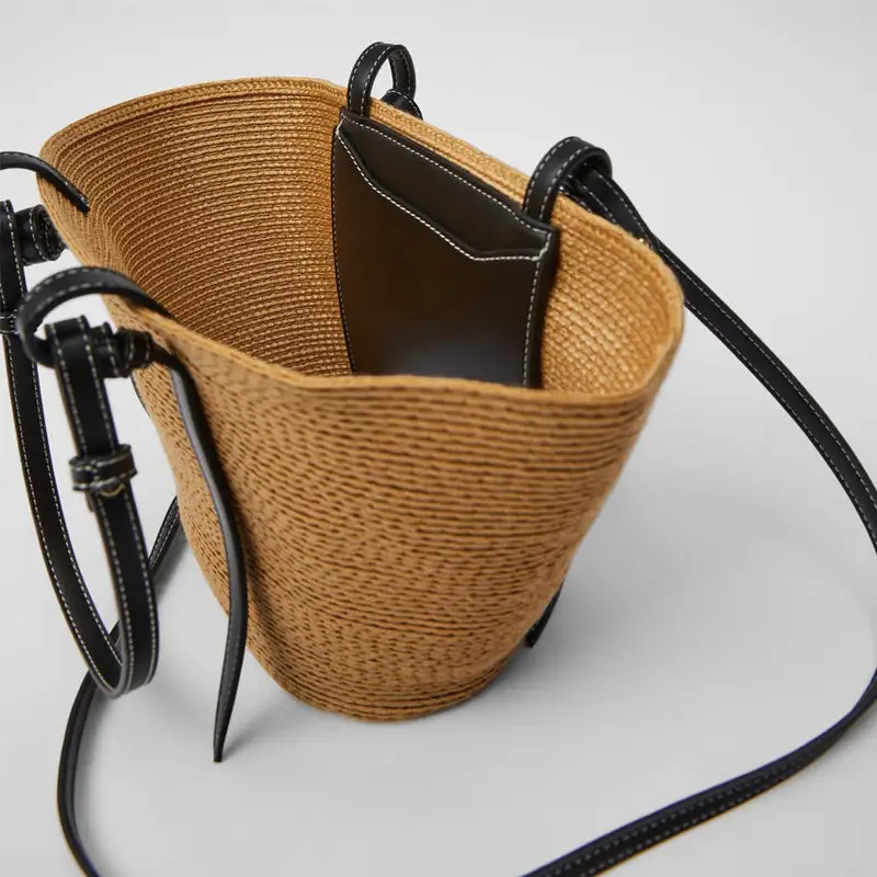 Handwoven Straw Basket Bag Colorblock Patchwork Large