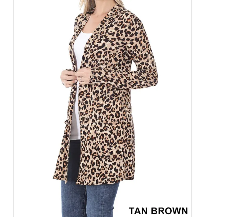Print Mid-thigh Slouchy Pocket Open Cardigan