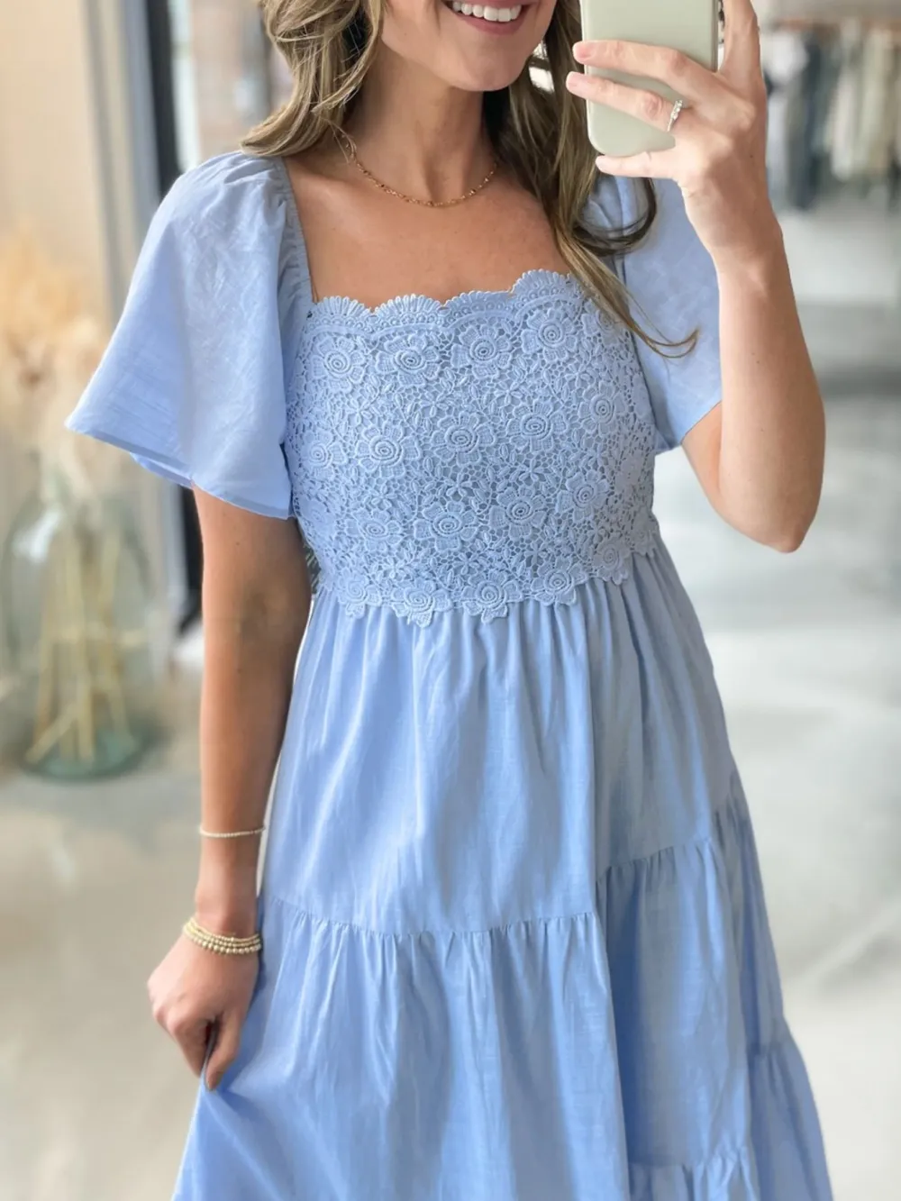 Lace Tiered Short Sleeve Midi Dress