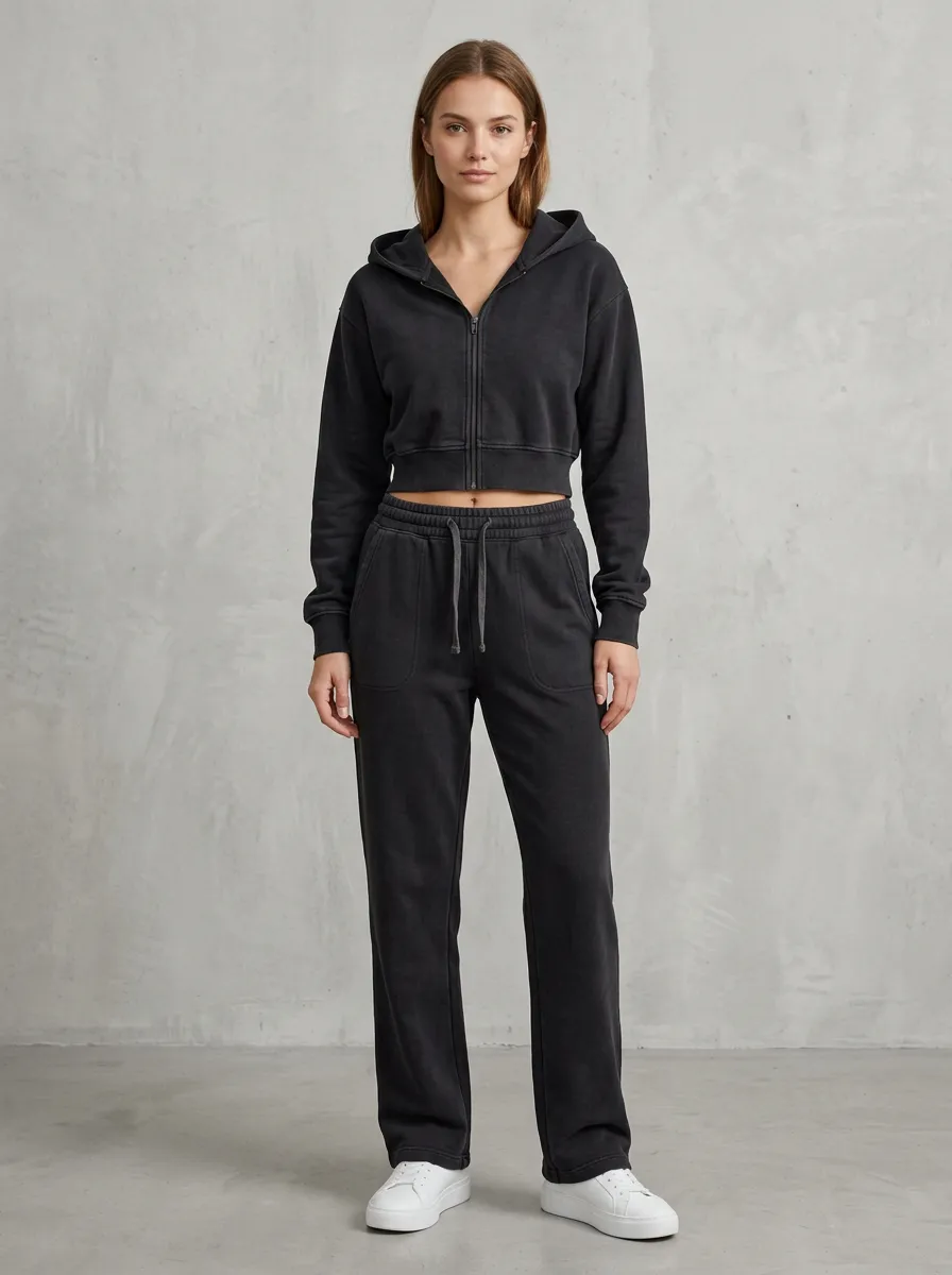 Cropped Zip-Up Sweatpants Sporty Women's Cropped Zip-Up Hoodie Jogger Active Set