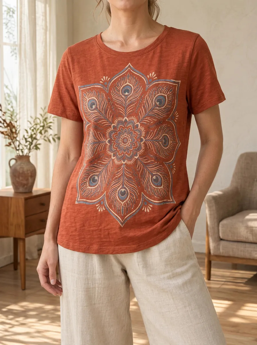 Women's Modern Boho Mandala Peacock Feather Crew Neck T-Shirt