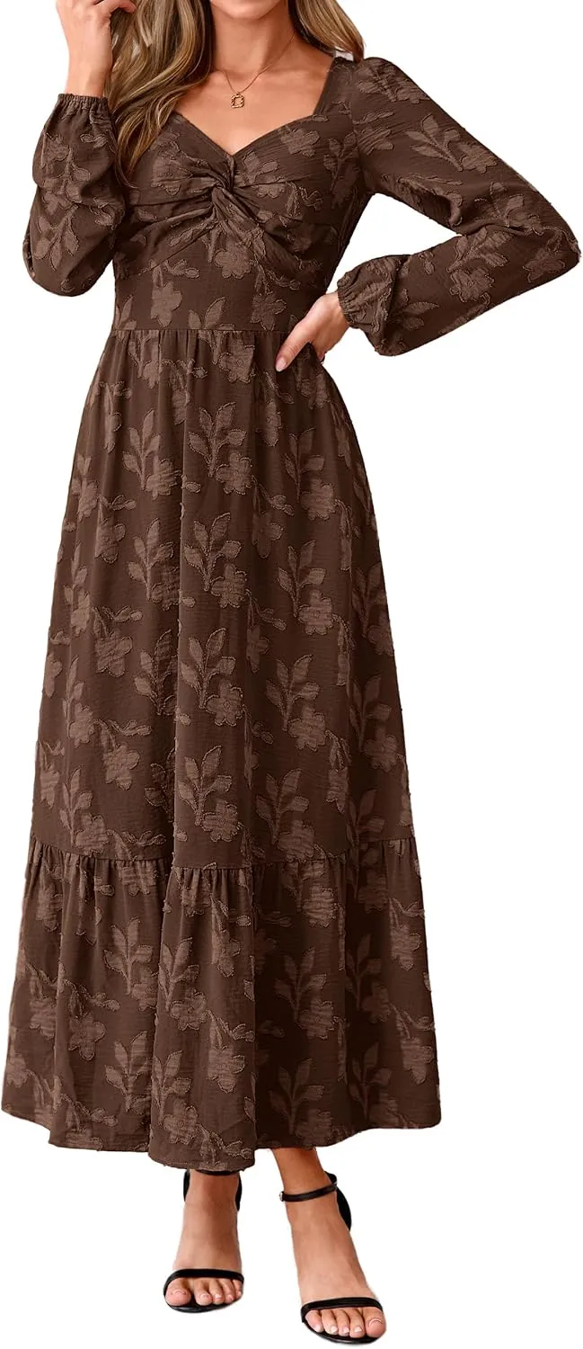 Simplee Womens Fall Long Sleeve Boho Floral Wedding Guest Maxi Dress