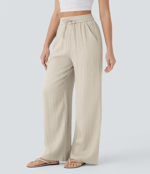 2026🔥 High Waisted Drawstring Pocket Wide Leg Casual Linen-Feel Pants