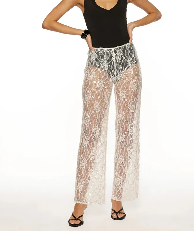 White Sequin Lace Sheer Pants
