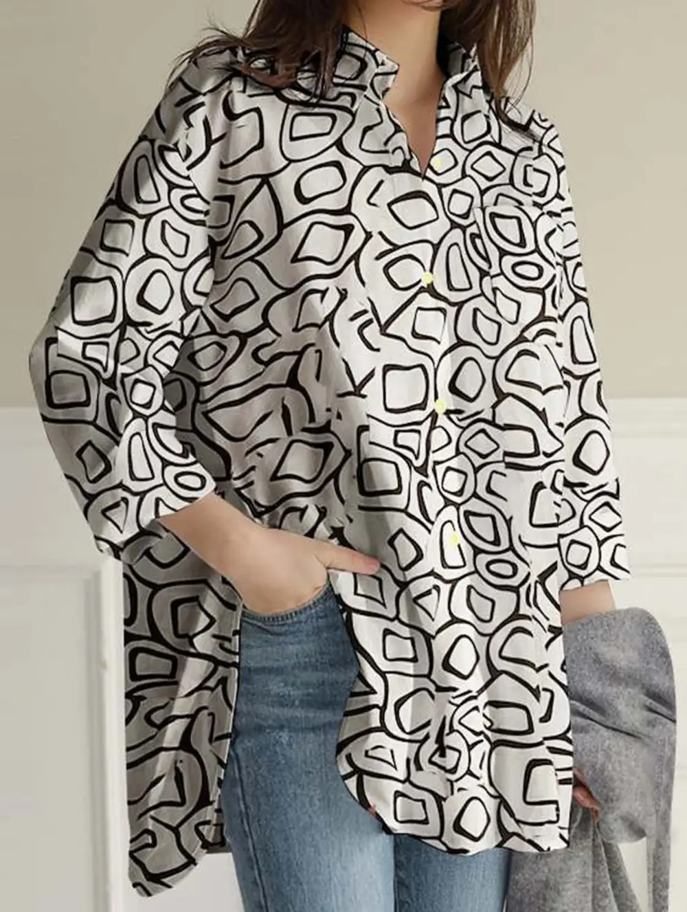 Printed Lapel Long-Sleeved Tunic Top