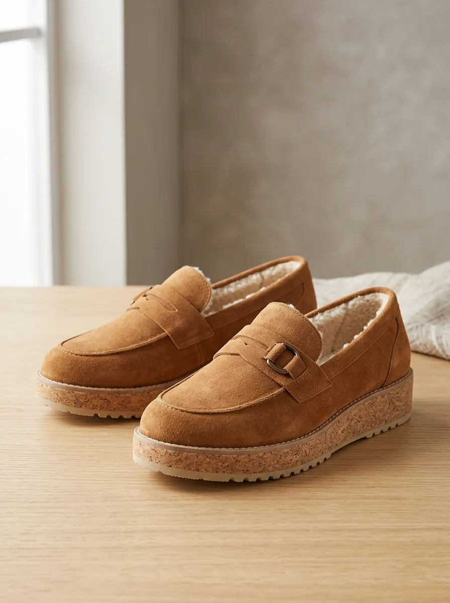 Women's Platform Winter Suede Wood Sole Loafers