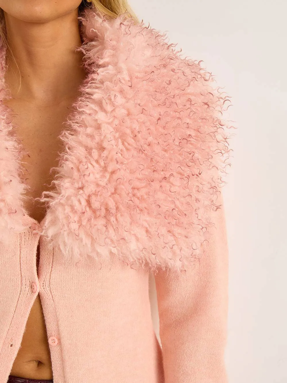 Women's Pink Fuzzy-Accent Wide-Collar Cardigan