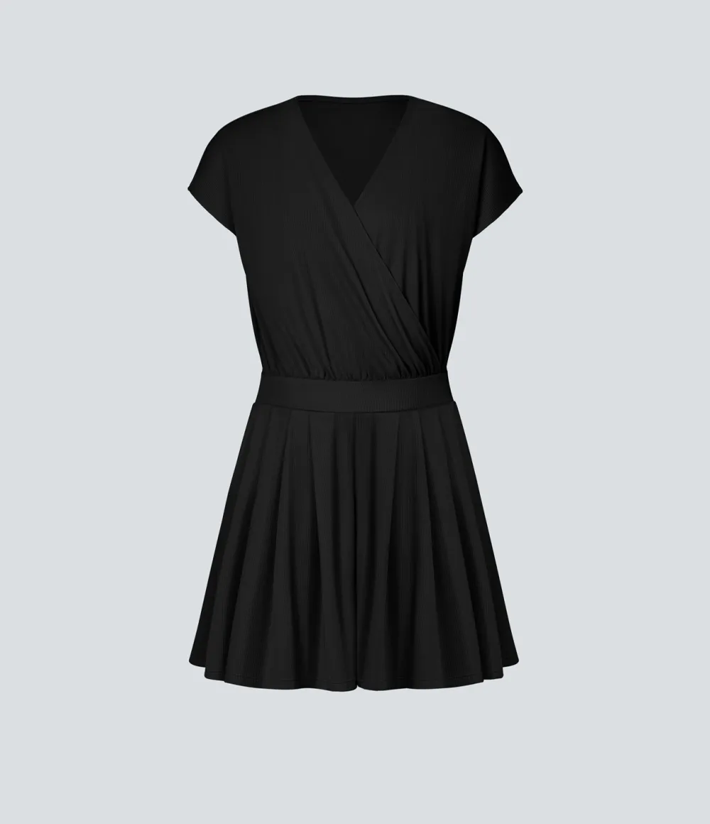 V Neck Short Sleeve Pocket Waffle Casual Romper