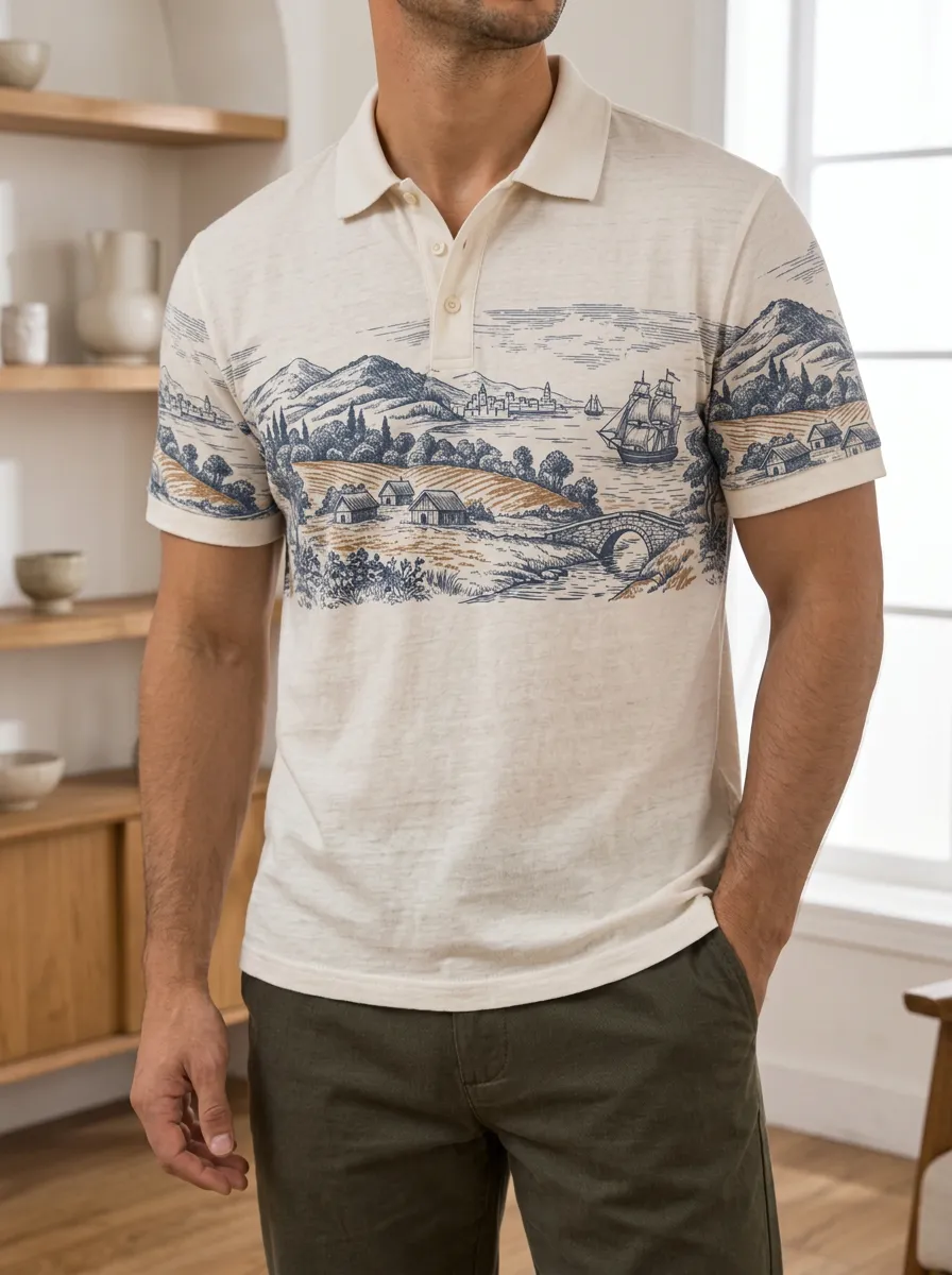 Men's Nautical Landscape Sailboat Printed Polo Shirt Relaxed Daily Style