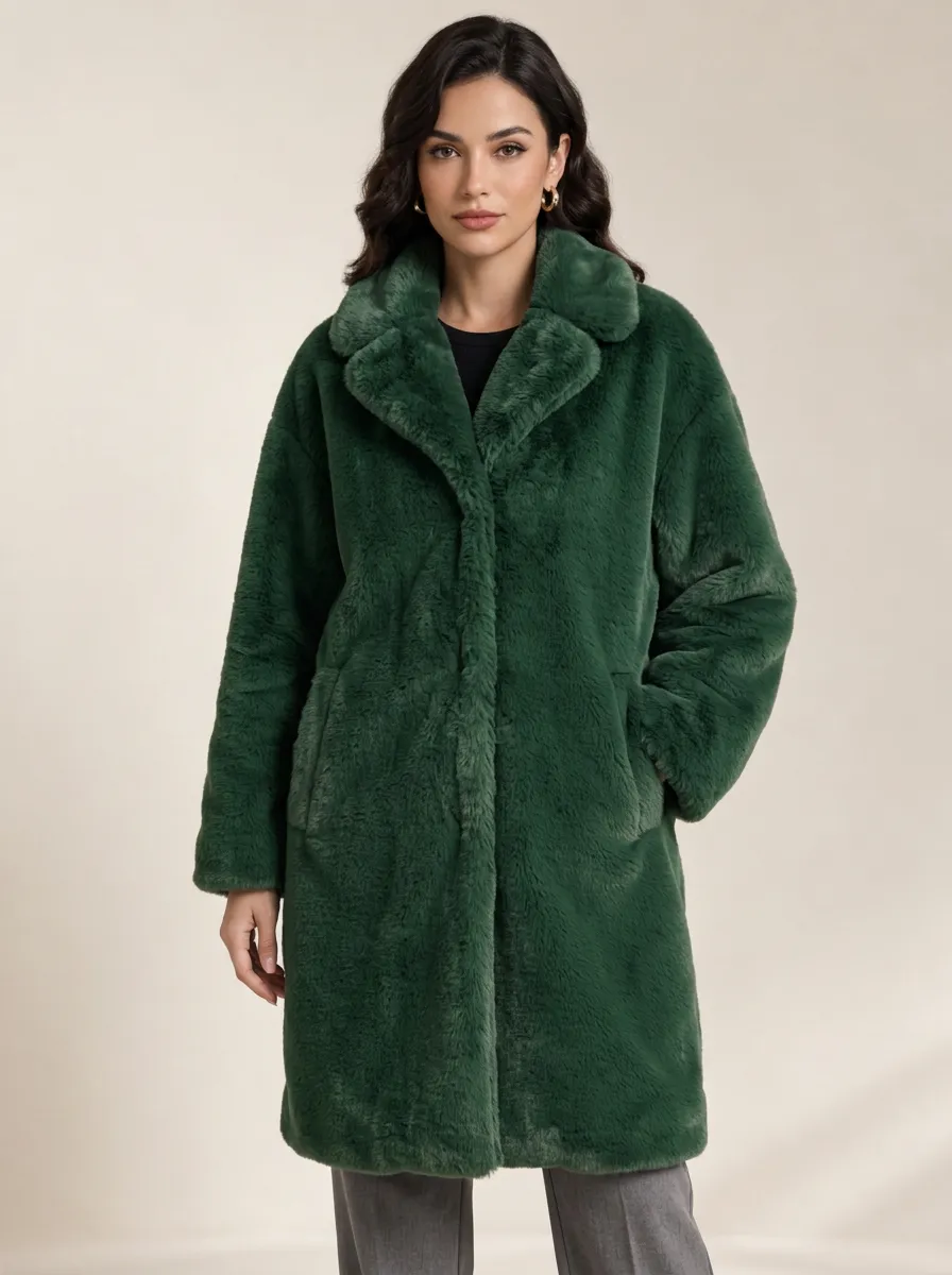 Women's Relaxed Faux Fur Lapel Longline Coat