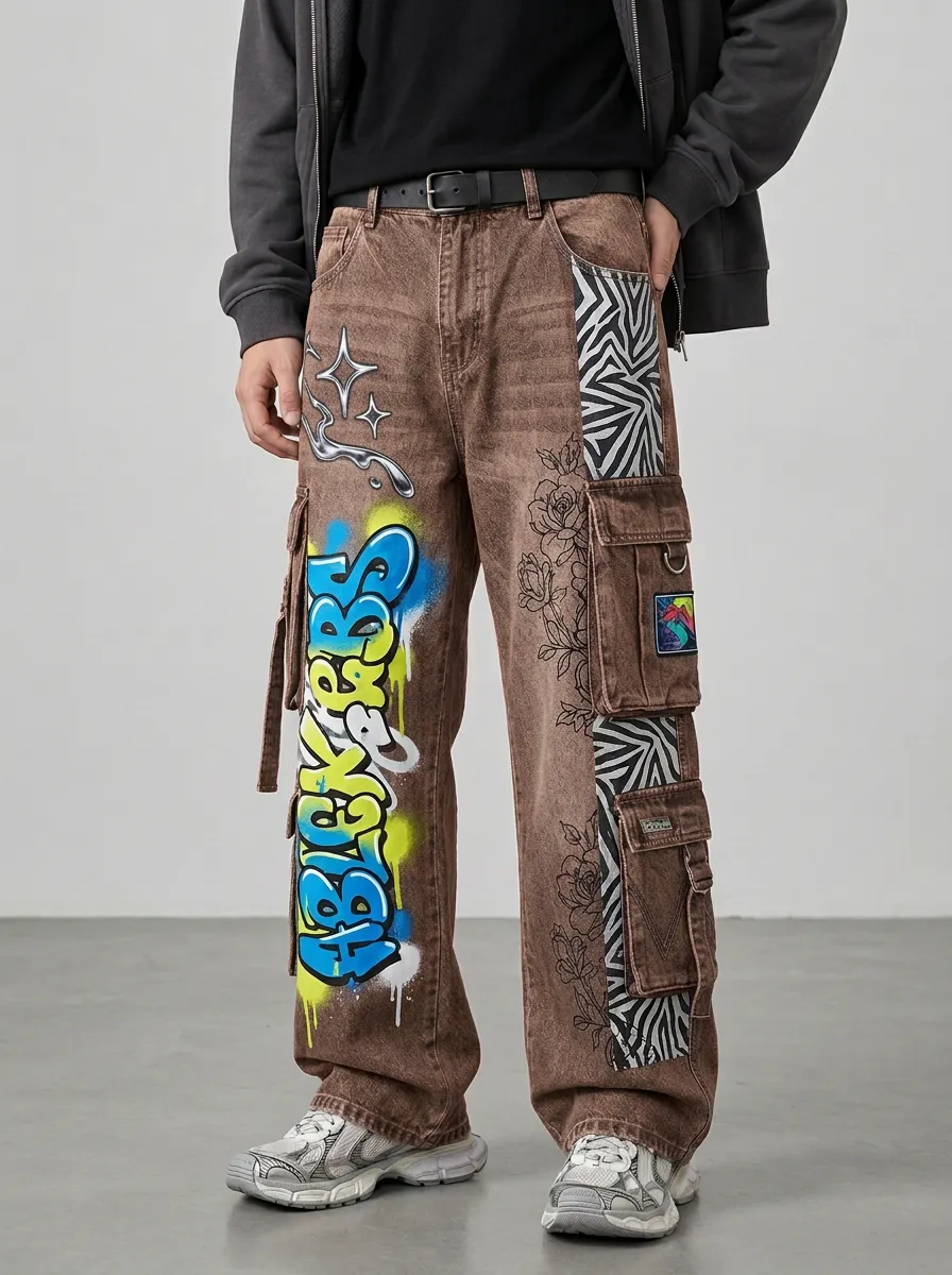Men's Streetwear Graffiti Rose Zebra Graphic Cargo Jeans