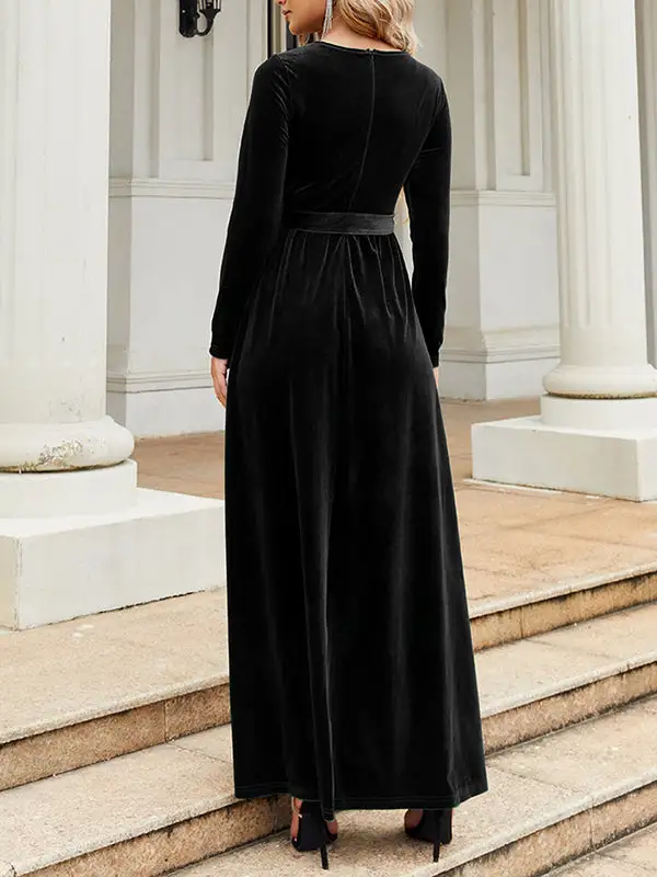 Pleated Wrap Belted Long Neck Maxi Dress