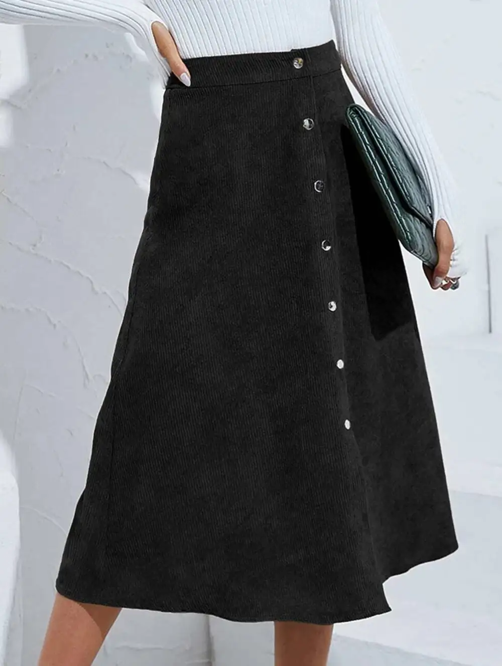Corduroy Button Front Midi Skirt