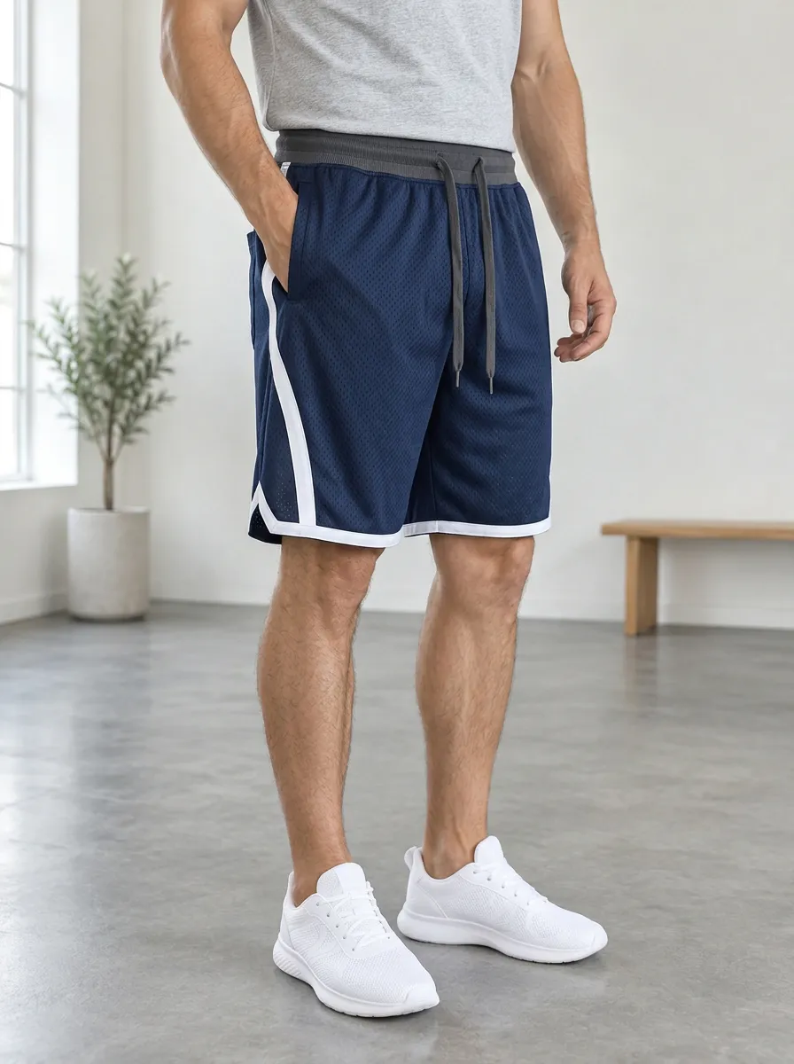 Men's Athletic Training Navy Blue Side Stripe Mesh Shorts