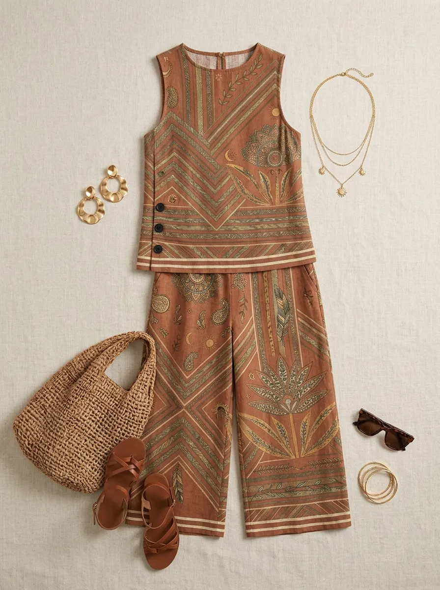 Women's Boho Ethnic Paisley Geometric Printed Sleeveless Set