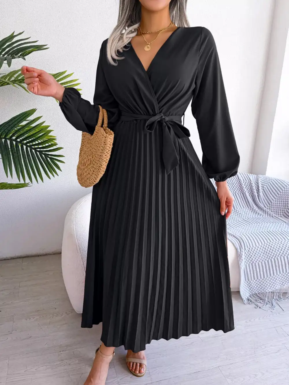 Pleated Long Sleeve Dress Casual