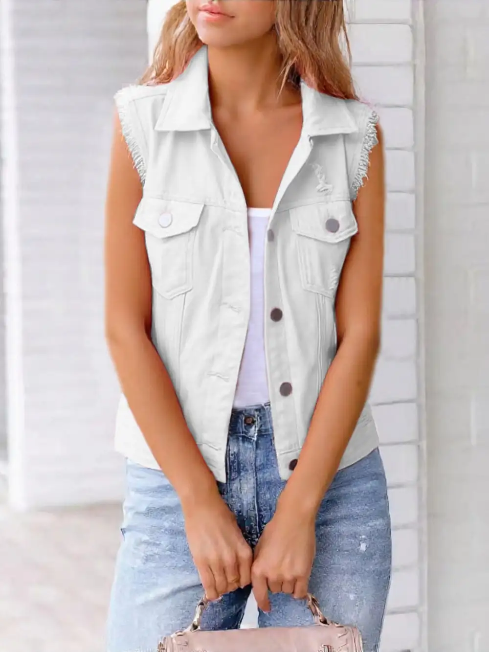 Button-down Raw-hem Sleeveless Denim Jacket