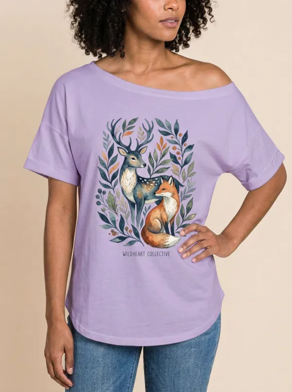 Women's Nature Lover Deer and Fox Botanical Printed T-shirt