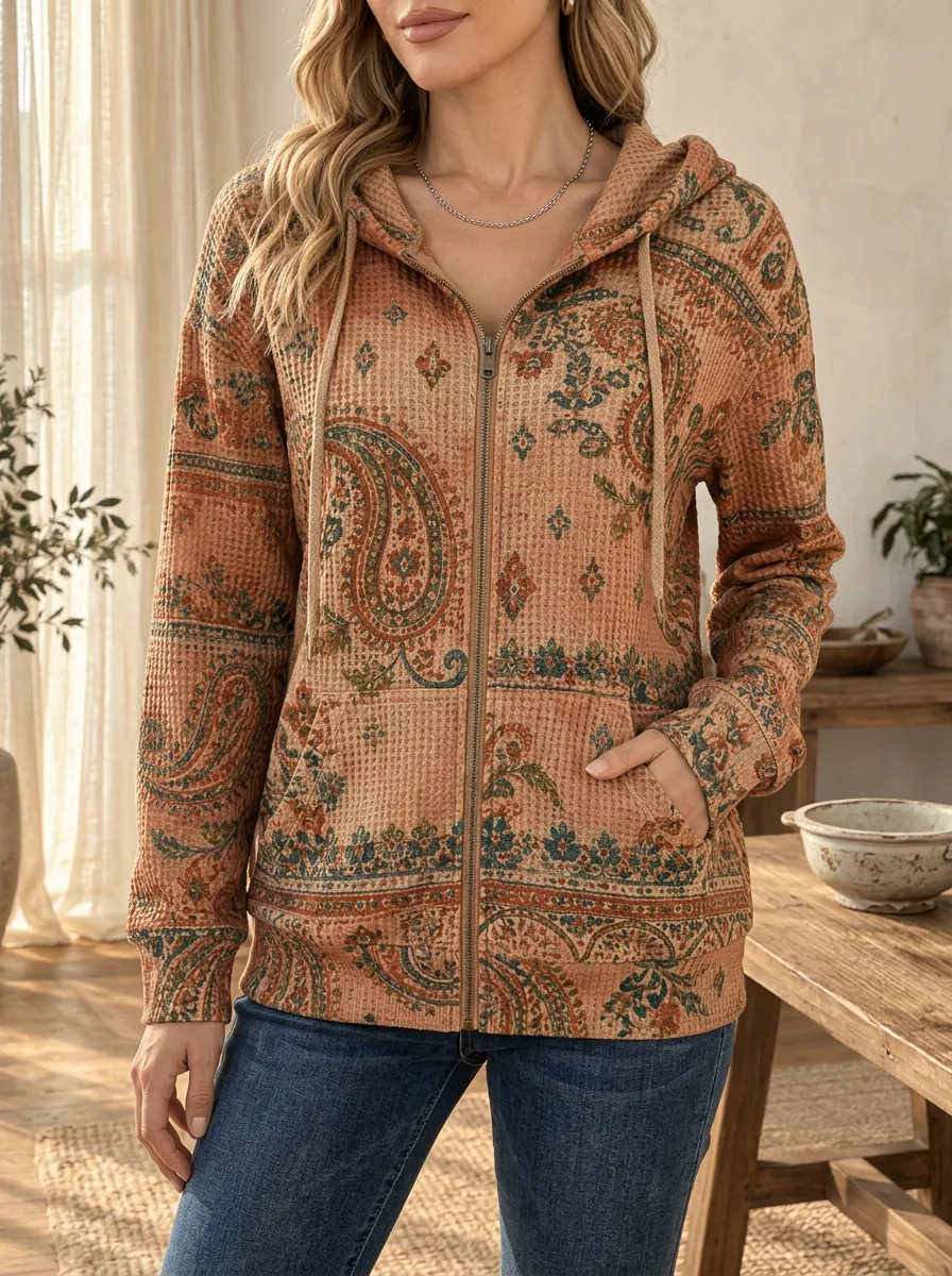 Women's Boho Paisley Signature Graphic Waffle Zip-Up Hoodie