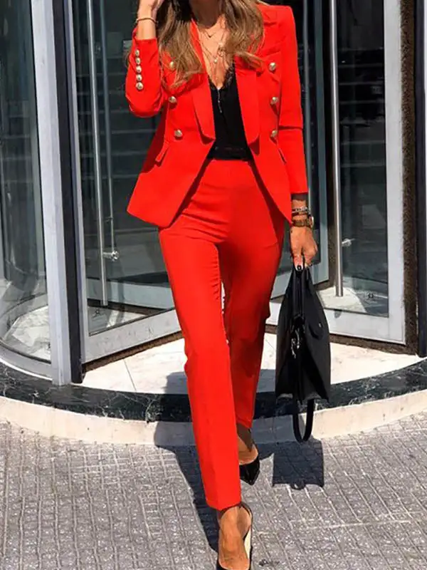 Notched Collar Long Sleeve Pantsuit