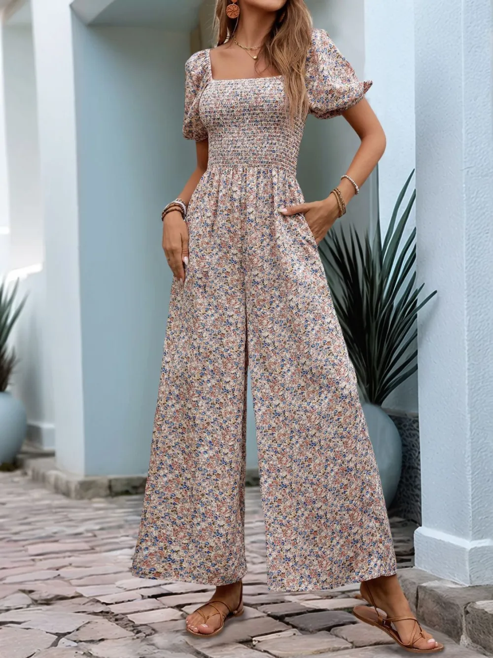 Ditsy Smocked Square Neck Puff Sleeve Jumpsuit