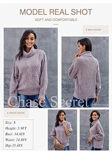 Womens Turtle Cowl Neck Solid Color Soft Comfy Cable Knit Pullover Sweaters S-2XL
