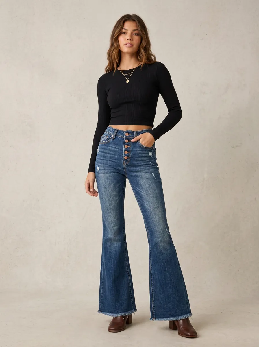 Women's Vintage Style High-Waisted Distressed Button-Fly Flare Jeans