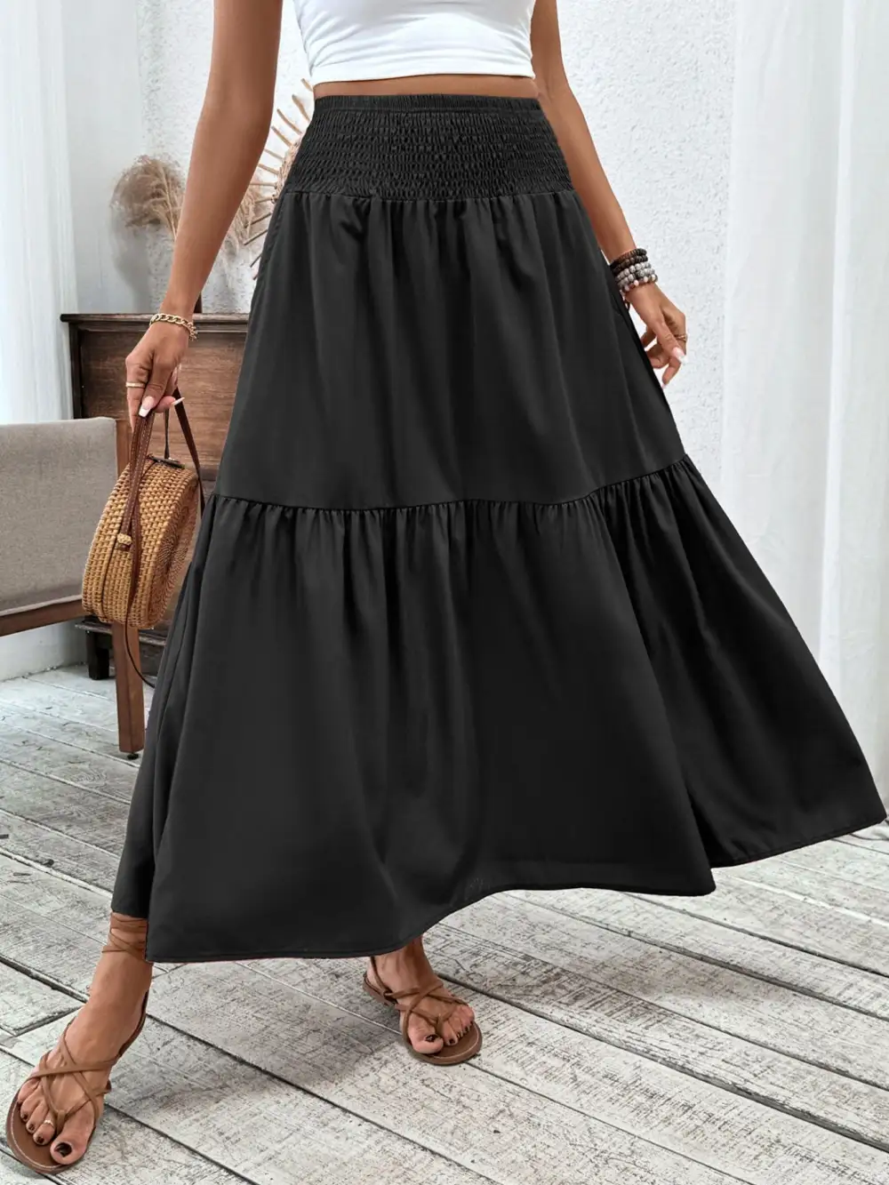 Tailored Smocked Ruffle Trim Detail Skirt